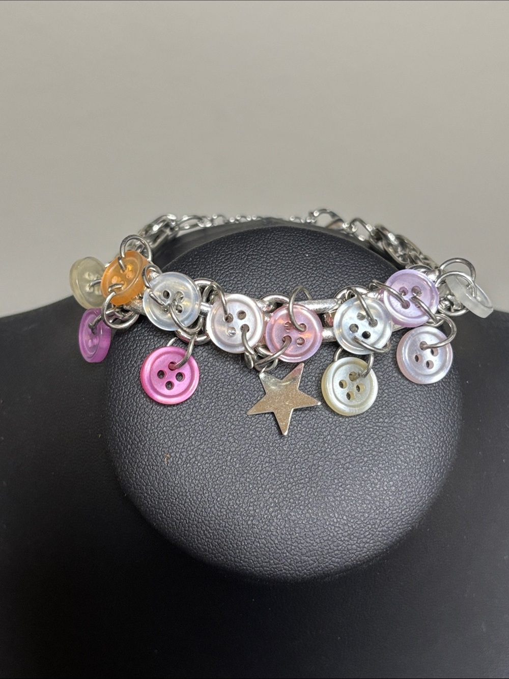 Multicolor Button Charm Bracelet with Star Silver Tone Cutesie Cottagecore
